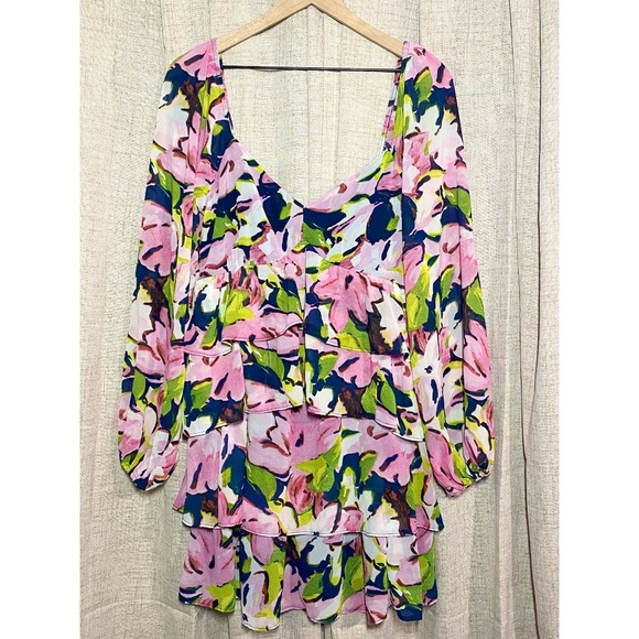 Abercrombie & Fitch Tiered Chiffon Floral Mini Dress Sheer Sleeve Pink Medium - Picture 2 of 5